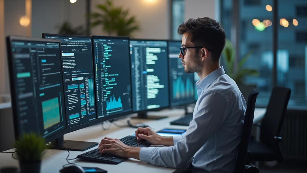 Аналитик изучает данные на мониторе в профессиональной обстановке