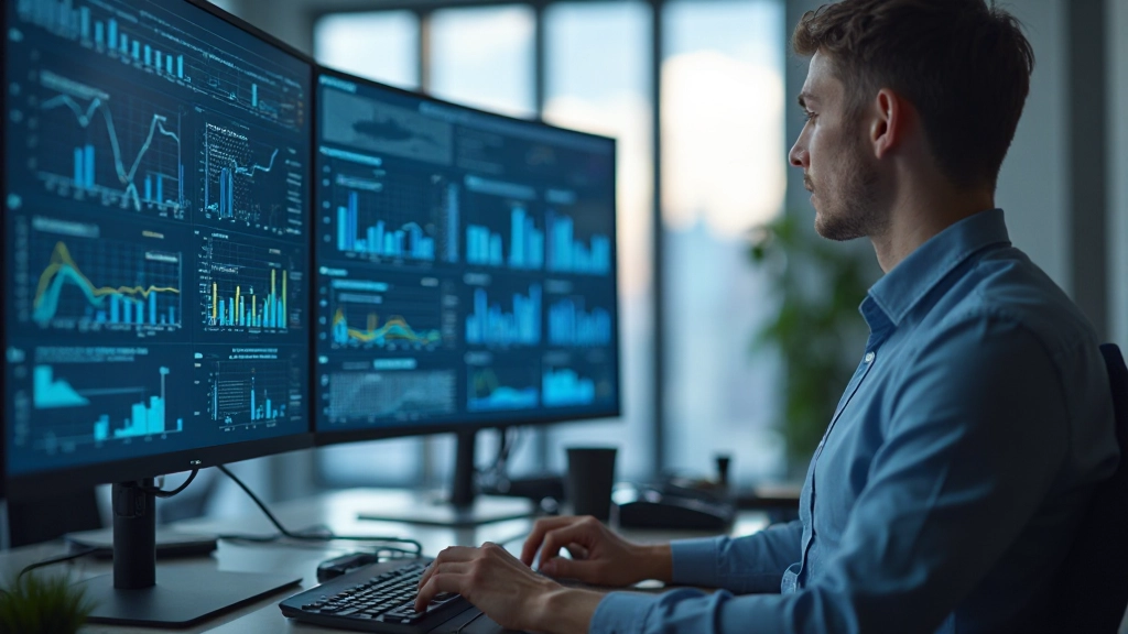 Профессиональная рабочая среда с аналитическими графиками и диаграммами на экранах