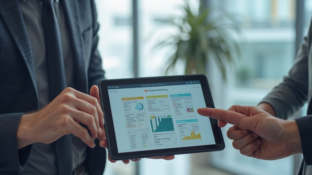 Современный интерьер офиса с цифровыми инструментами управления проектами, планшет с системой приоритизации, команда в фоне